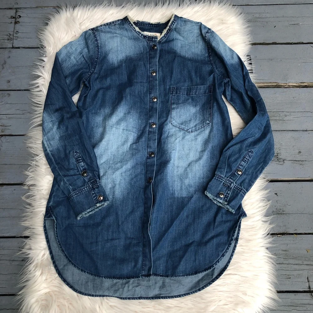Free People Sandrine Rose Faded Denim Cotton Button Down Blue Shirt size S